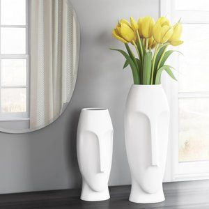 Howard Elliott Matte White Abstract Faces Ceramic Floor Vase Set Home Decor